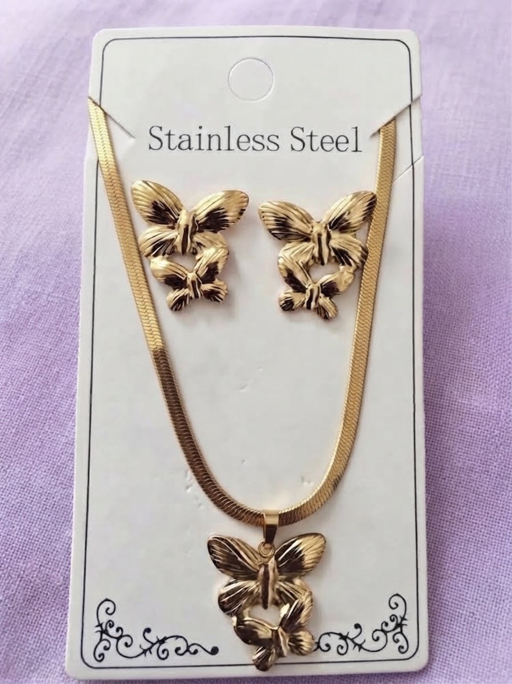 Gold Butterfly Stainless Steel Necklace and Earring Women Set